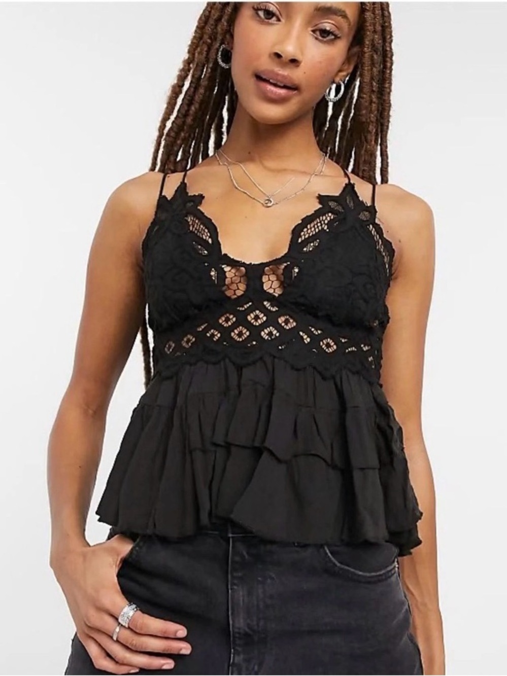 NWT Free People Adella Cami Black Lace Ruffle Peplum Tank Top XL Boho Coquette